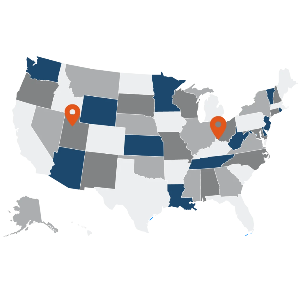 Image of USA map with Utah and Ohio pins to highlight Ship Central's locations